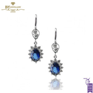 White Gold Oval Cut Royal Blue Sapphire & Brilliant Cut Diamond Earrings - 2.21ct-0