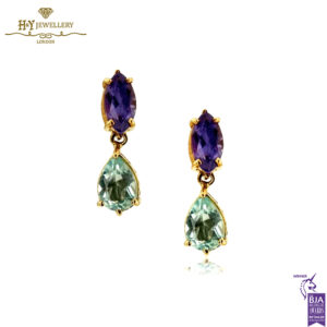 Yellow Gold Marquise Cut Amethyst & Pear Cut Blue Topaz Earrings-0
