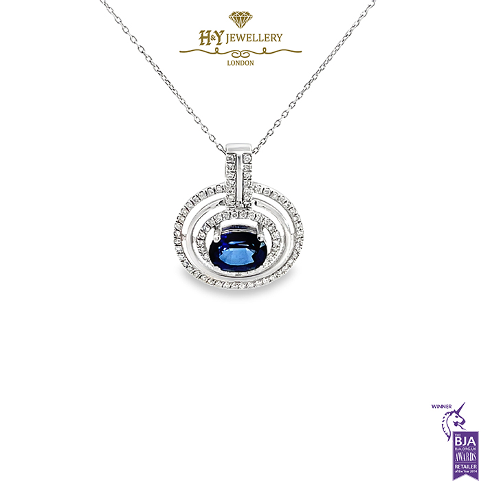 White Gold Oval Cut Sapphire & Brilliant Cut Diamond Pendant - 2.02ct-15558