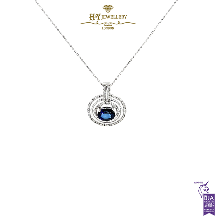 White Gold Oval Cut Sapphire & Brilliant Cut Diamond Pendant - 2.02ct-0