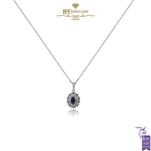 White Gold Oval Cut Sapphire & Brilliant Cut Diamond Pendant - 0.70ct-0
