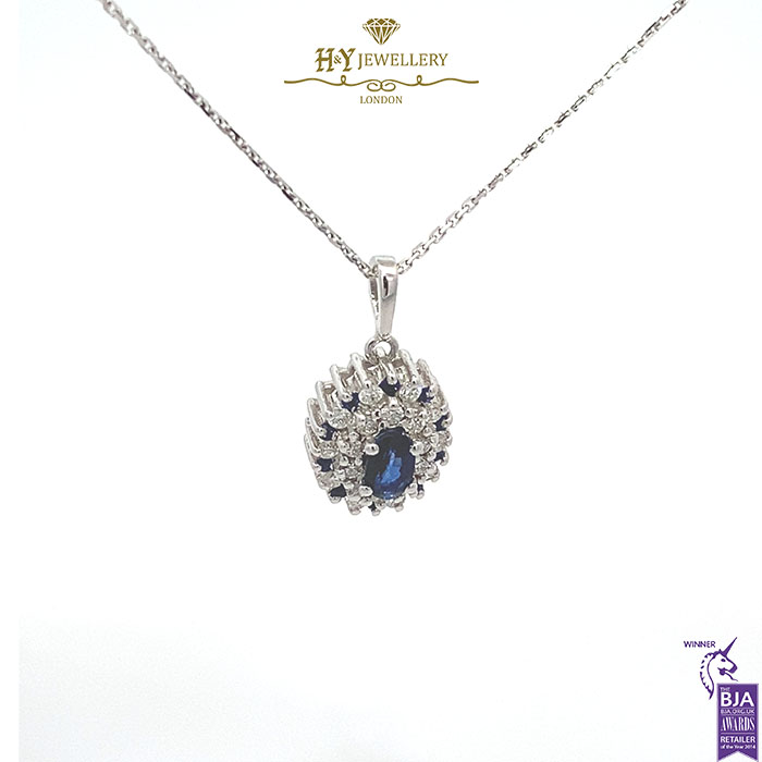 White Gold Oval Cut Sapphire & Brilliant Cut Diamond Pendant - 0.70ct-17267