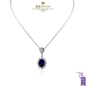 White Gold Oval Cut Royal Blue Sapphire & Brilliant Cut Diamond Pendant - 1.02ct-0