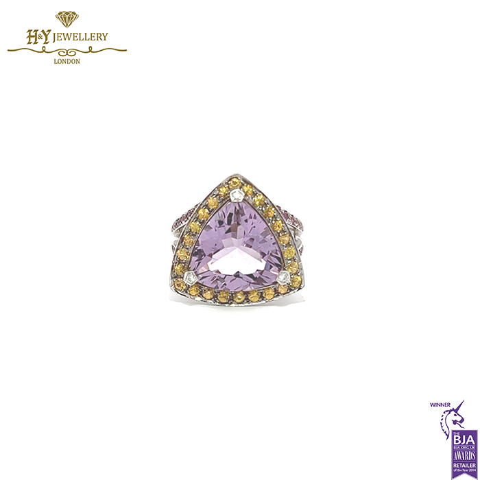White Gold Triliant Cut Amethyst & Brilliant Cut Citrine with Diamond Mauboussin Ring - 14.57ct-0
