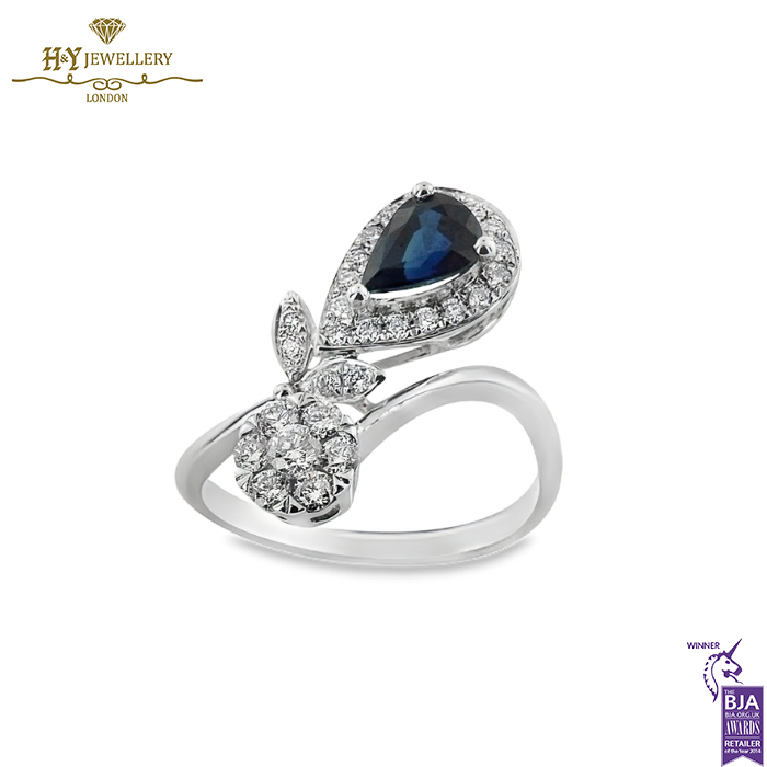 White Gold Pear Cut Sapphire & Brilliant Cut Diamond Ring - 1.22ct-0