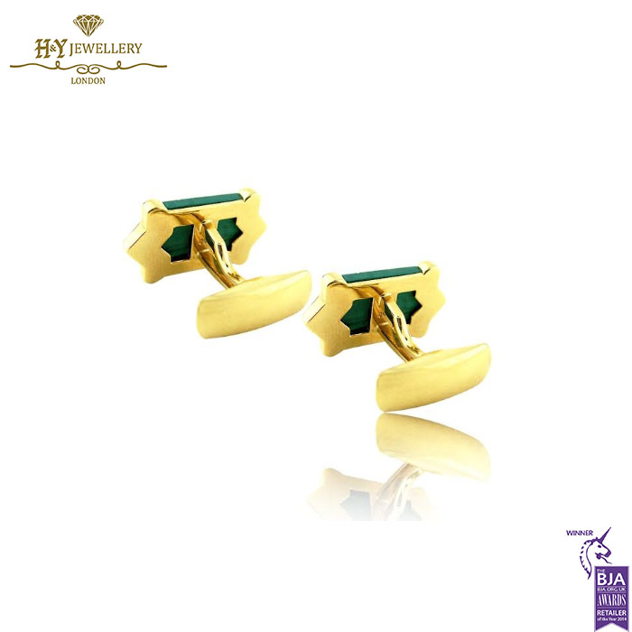 Yellow Gold Malachite Tie Clip & Cufflinks With Brilliant Cut Diamond-13694