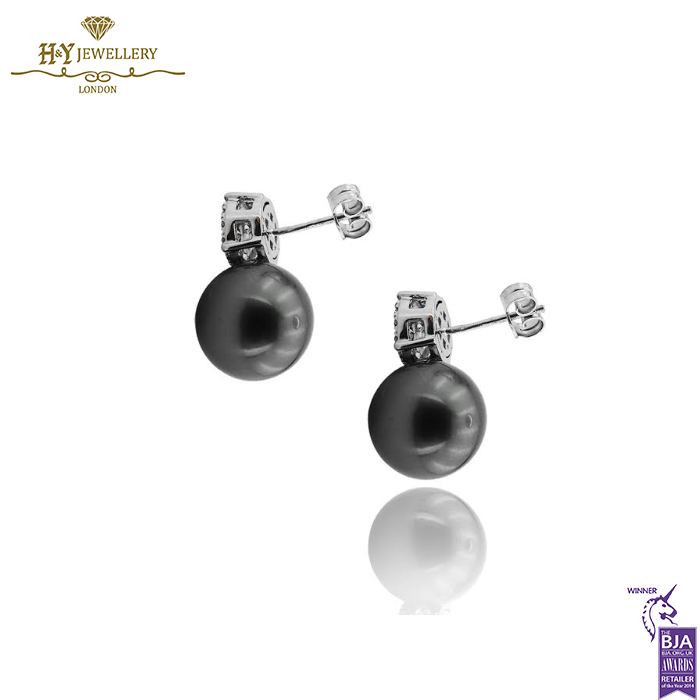 White Gold Tahiti Sea Pearl & Brilliant Cut Diamond Earrings -1.00ct-14437