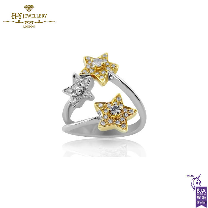 White & Yellow Gold Brilliant Cut Diamond Triple Star Shape Ring - 0.40ct-0