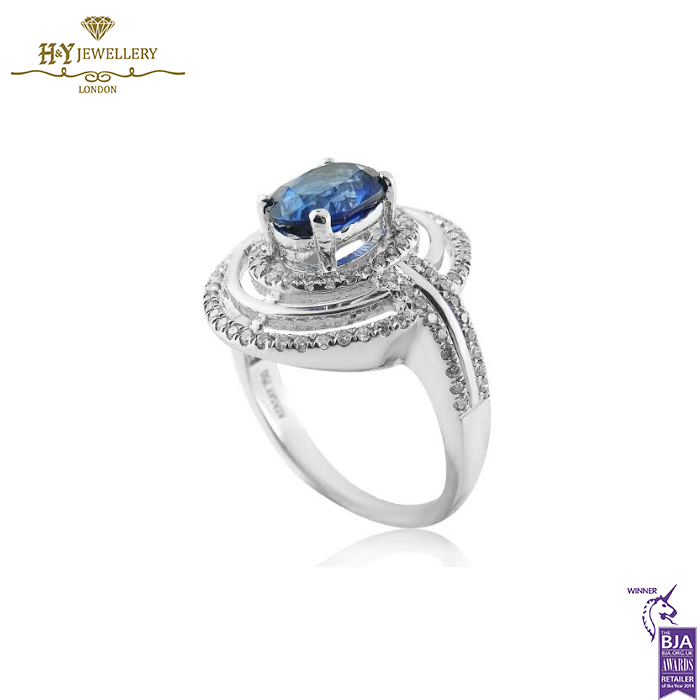 White Gold Oval Cut Sapphire & Brilliant Cut Diamond Ring - 2.22ct-14181