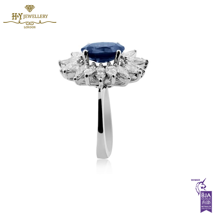 White Gold Oval Cut Sapphire & Marquise Cut Diamond Ring - 5.11ct-14188