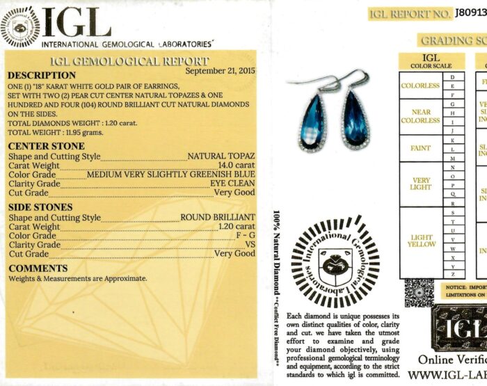 White Gold Pear Cut Blue Topaz & Brilliant Cut Diamond Earring - 15.20ct-11748