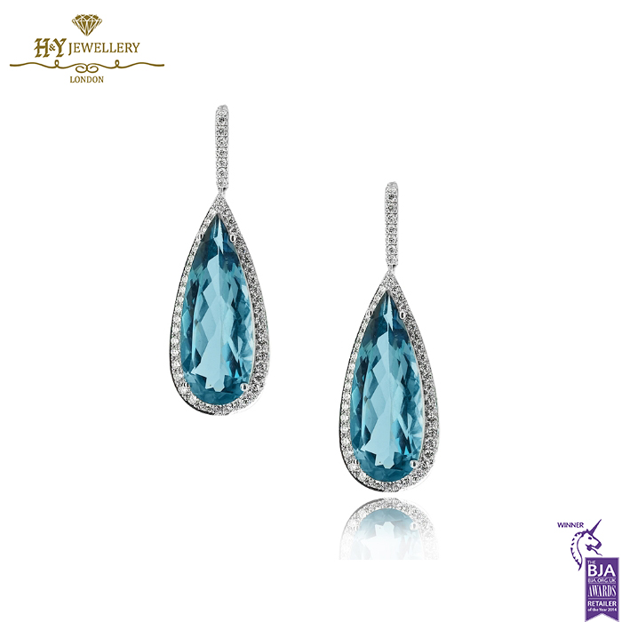 White Gold Pear Cut Blue Topaz & Brilliant Cut Diamond Earring - 15.20ct-0