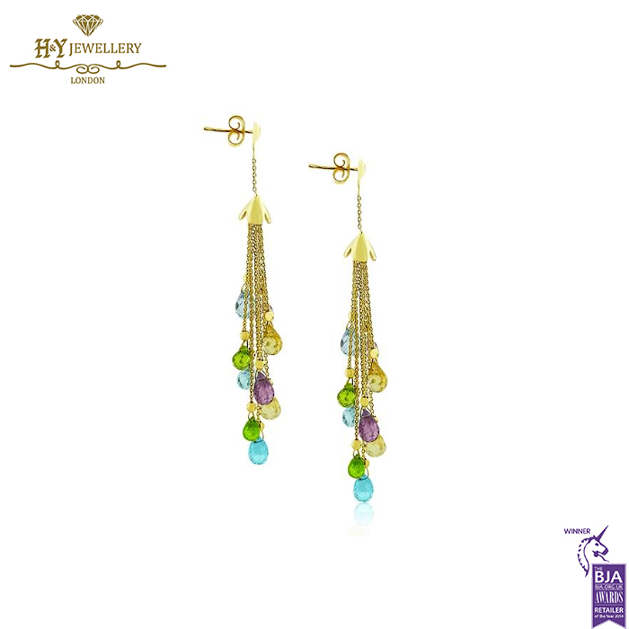 Yellow Gold Mix Cut Colored Gemstones Earrings -14502