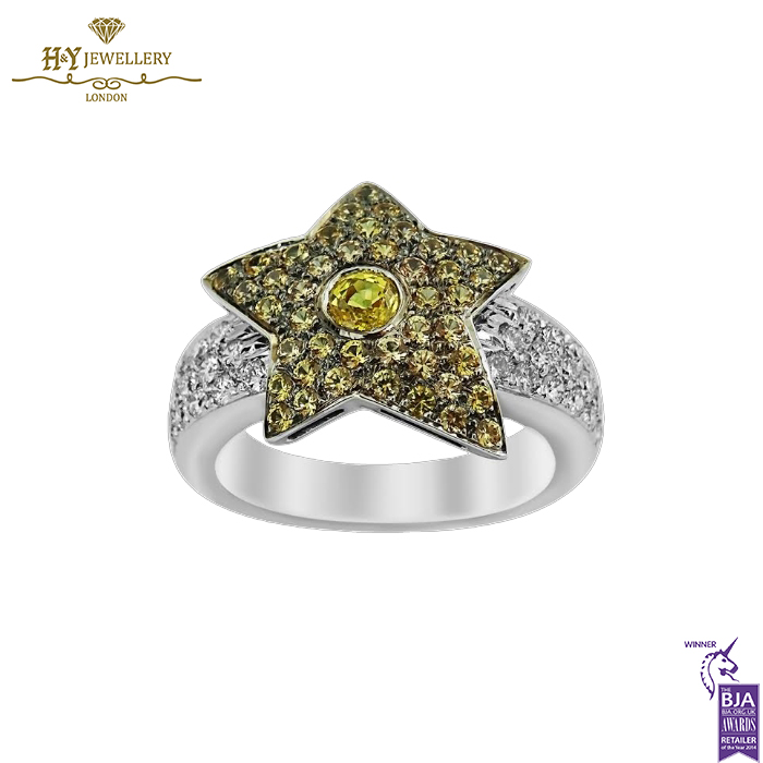 White Gold Round Cut Diamond & Citrine Star Design Ring - 1.33ct-0