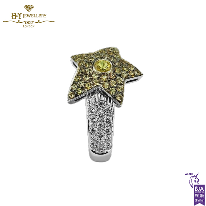 White Gold Round Cut Diamond & Citrine Star Design Ring - 1.33ct-14735