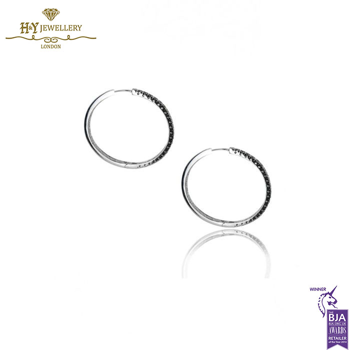 White Gold Brilliant Cut Black Onyx Hoop Earrings -15319