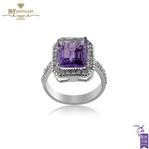 White Gold Radiant Cut Amethyst & Round Diamond Cut Ring - 3.20ct-0
