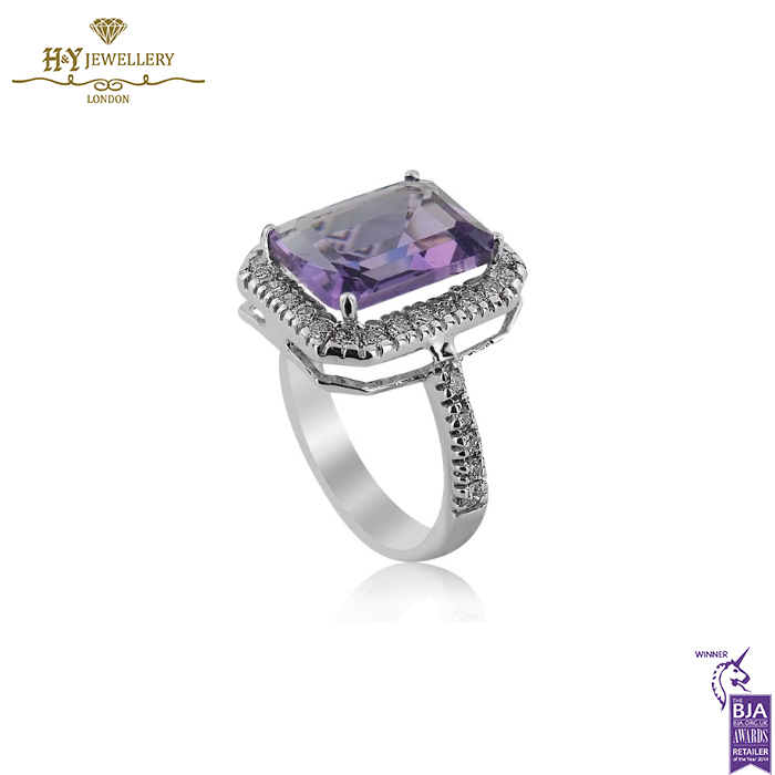 White Gold Radiant Cut Amethyst & Round Diamond Cut Ring - 3.20ct-14157