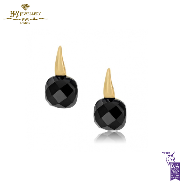 Yellow Gold Onyx Gemstone Earrings-0