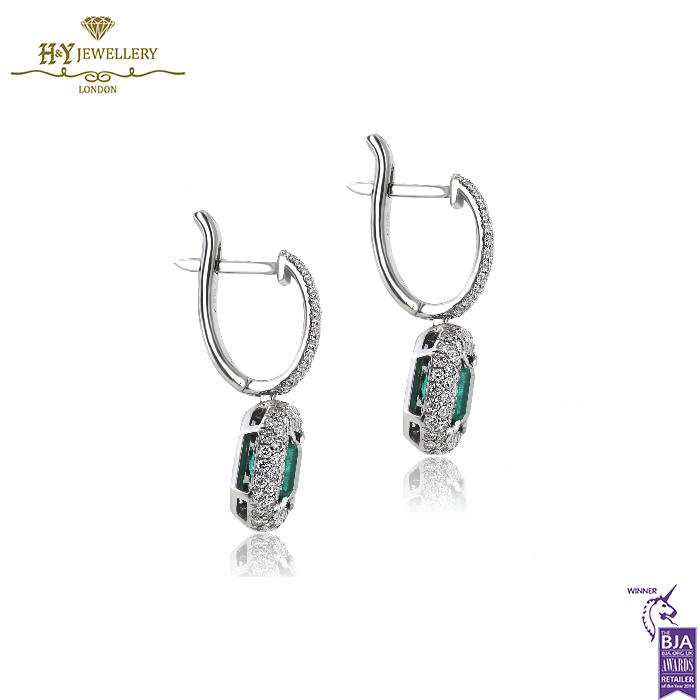 White Gold Emerald Cut Colombian Emerald & Brilliant Cut Diamond Earrings - 4.49ct-14425