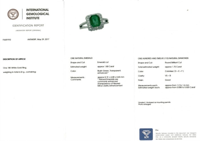 White Gold Emerald Cut Bluish Green Emerald & Round Brilliant Cut Ring - 3.50ct-10850