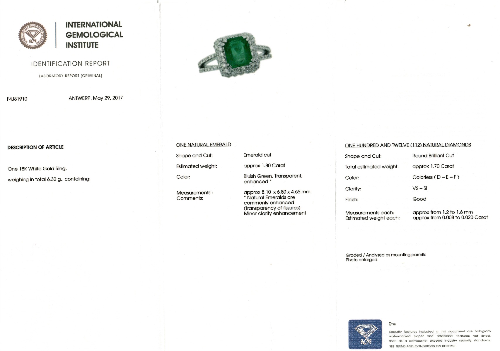 White Gold Emerald Cut Bluish Green Emerald & Round Brilliant Cut Ring - 3.50ct-10850
