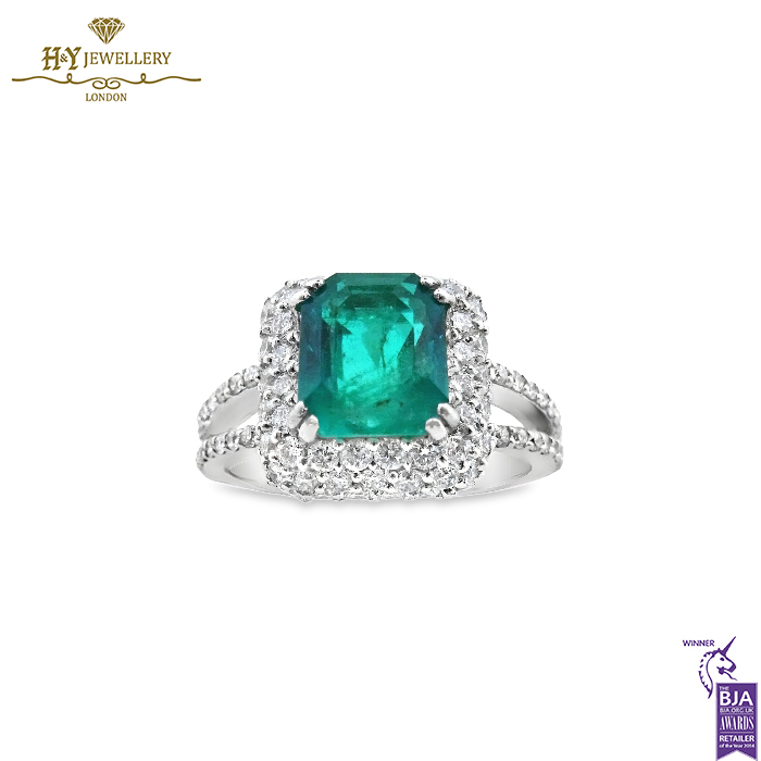 White Gold Emerald Cut Bluish Green Emerald & Round Brilliant Cut Ring - 3.50ct-0