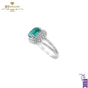 White Gold Emerald Cut Bluish Green Emerald & Round Brilliant Cut Ring - 3.50ct-13977