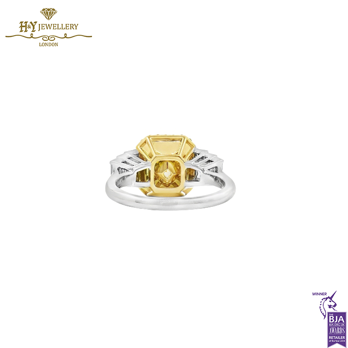 White Gold Radiant Cut Fancy Yellow Diamond & Tapered Cut Diamond Ring - 3.14ct-13972