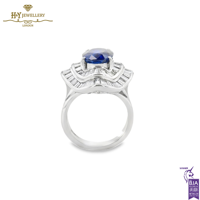 White Gold Oval Cut Vivid Blue Royal Sapphire & Emerald Cut Diamond Ring - 10.41ct-13948