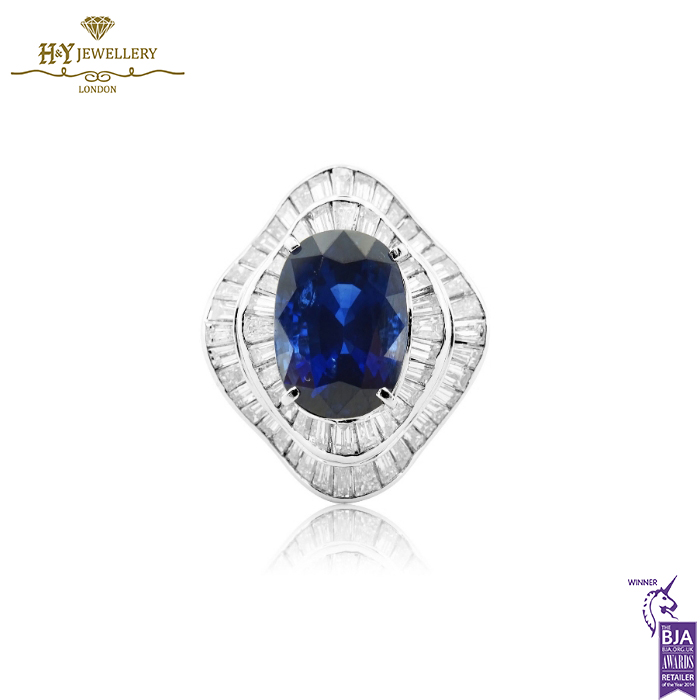 White Gold Oval Cut Vivid Blue Royal Sapphire & Emerald Cut Diamond Ring - 10.41ct-0