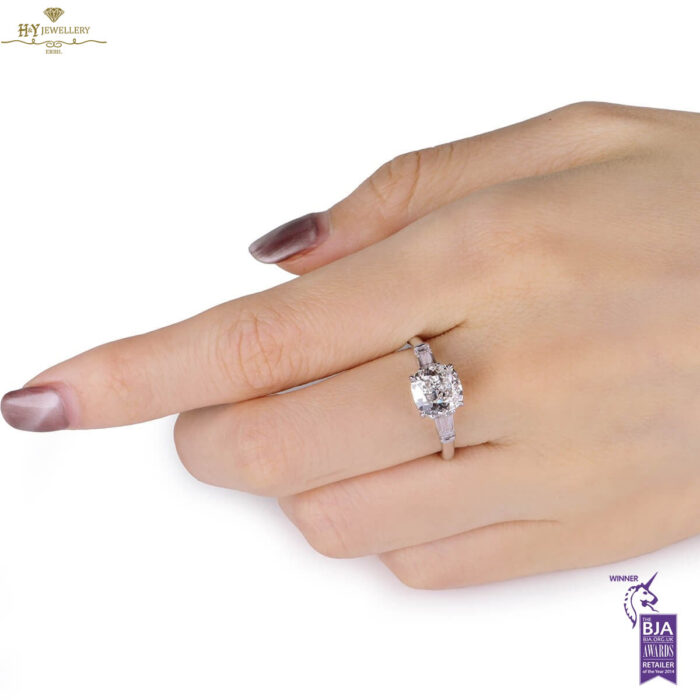 White Gold Cushion Cut & Tapered Cut Diamond Engagement Ring - 2.52ct-9647