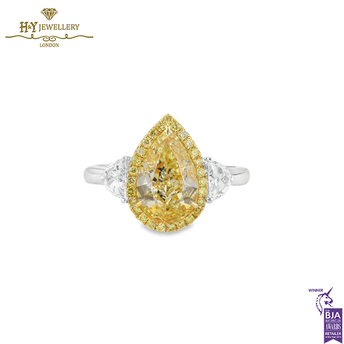 White Gold Pear Cut Yellow Diamond & Half Moon Cut Diamond Ring - 3.17ct-0
