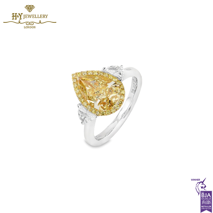 White Gold Pear Cut Yellow Diamond & Half Moon Cut Diamond Ring - 3.17ct-13966