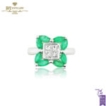 White Gold Marquise Cut Emerald & Brilliant Cut Diamond Ring - 1.55ct-0
