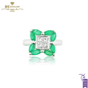White Gold Marquise Cut Emerald & Brilliant Cut Diamond Ring - 1.55ct-0