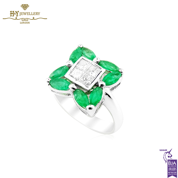 White Gold Marquise Cut Emerald & Brilliant Cut Diamond Ring - 1.55ct-14374