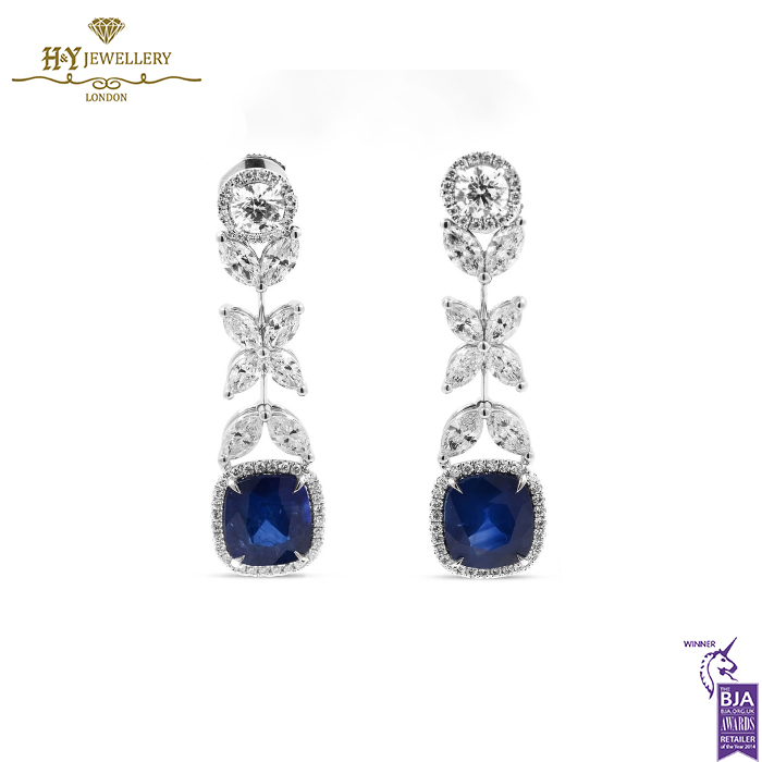 White Gold Cushion Cut Sapphire, Marquise & Brilliant Cut Diamond Earrings - 11.62ct-0