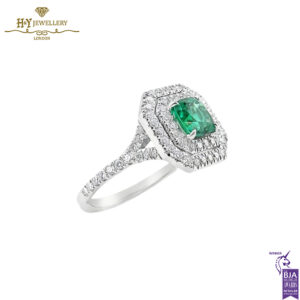White Gold Cushion Cut Natural Zambian Emerald & Brilliant Cut Diamond Ring - 1.60ct-13964