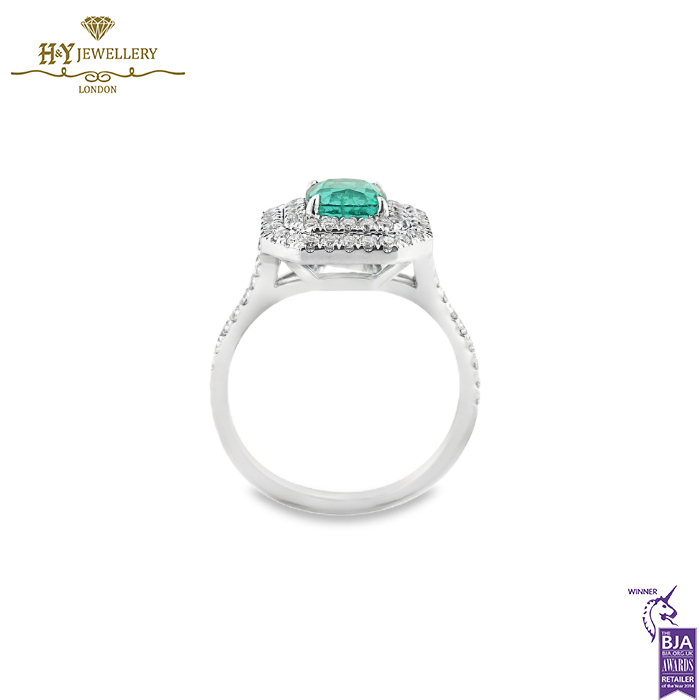 White Gold Cushion Cut Natural Zambian Emerald & Brilliant Cut Diamond Ring - 1.60ct-13963