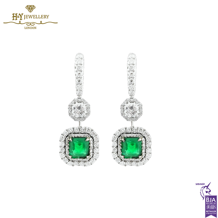 White Gold Square Emerald Cut Emerald & Octagon with Brilliant Cut Diamond Earrings - 6.11ct-0