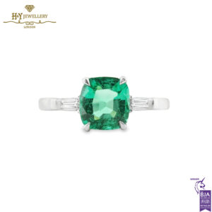 White Gold Cushion Cut Green Natural Zambian Emerald & Baguette Cut Diamond Ring - 1.35ct-13961