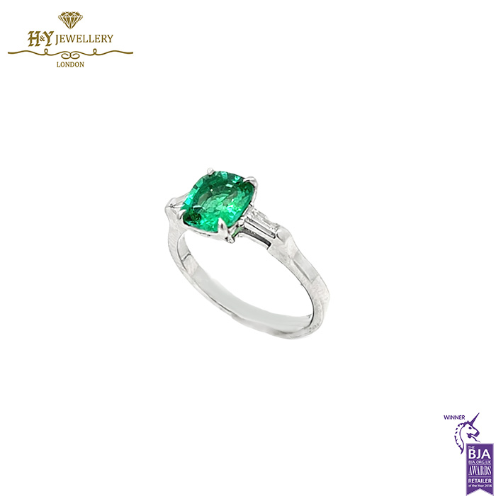 White Gold Cushion Cut Green Natural Zambian Emerald & Baguette Cut Diamond Ring - 1.35ct-0