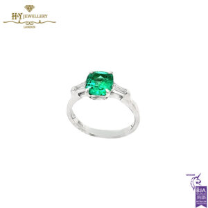 White Gold Cushion Cut Green Natural Zambian Emerald & Baguette Cut Diamond Ring - 1.35ct-17144