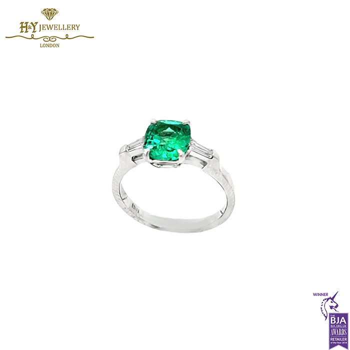 White Gold Cushion Cut Green Natural Zambian Emerald & Baguette Cut Diamond Ring - 1.35ct-17144