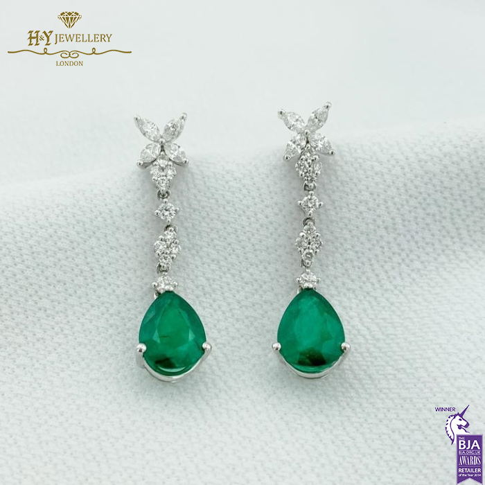 White Gold Pear Cut Emerald & Brilliant Cut Diamond Earrings - 3.59ct-14410