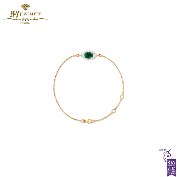 House Of Meraki Evil Eye Bracelet -Yellow Gold Zambian Emeralds and Diamond - 0.91ct-0
