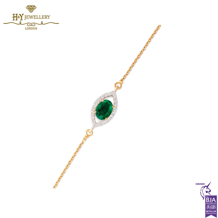 House Of Meraki Evil Eye Bracelet -Yellow Gold Zambian Emeralds and Diamond - 0.91ct-13874