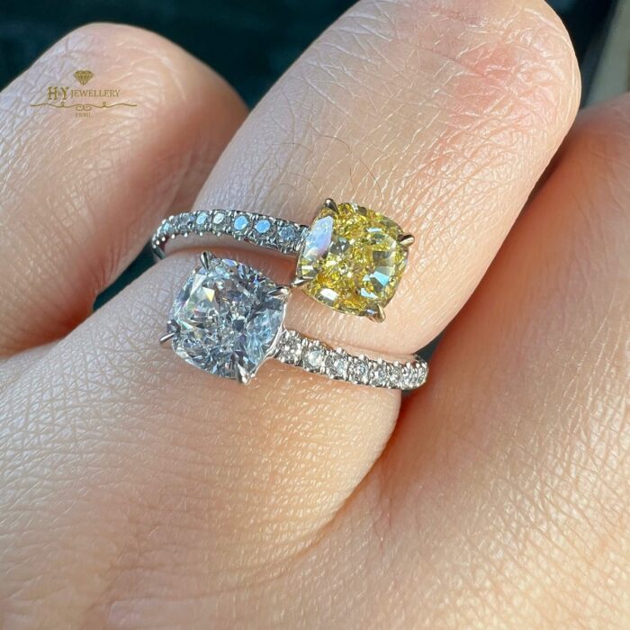 White Gold Cushion Cut Fancy Yellow & White & Round White Diamond Ring - 2.17ct-9390