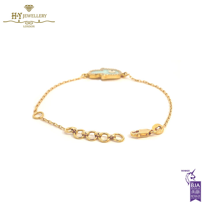 Yellow Gold Brilliant Cut Diamond Blue Fatima Hand Charm Bracelet - 0.27ct-17244